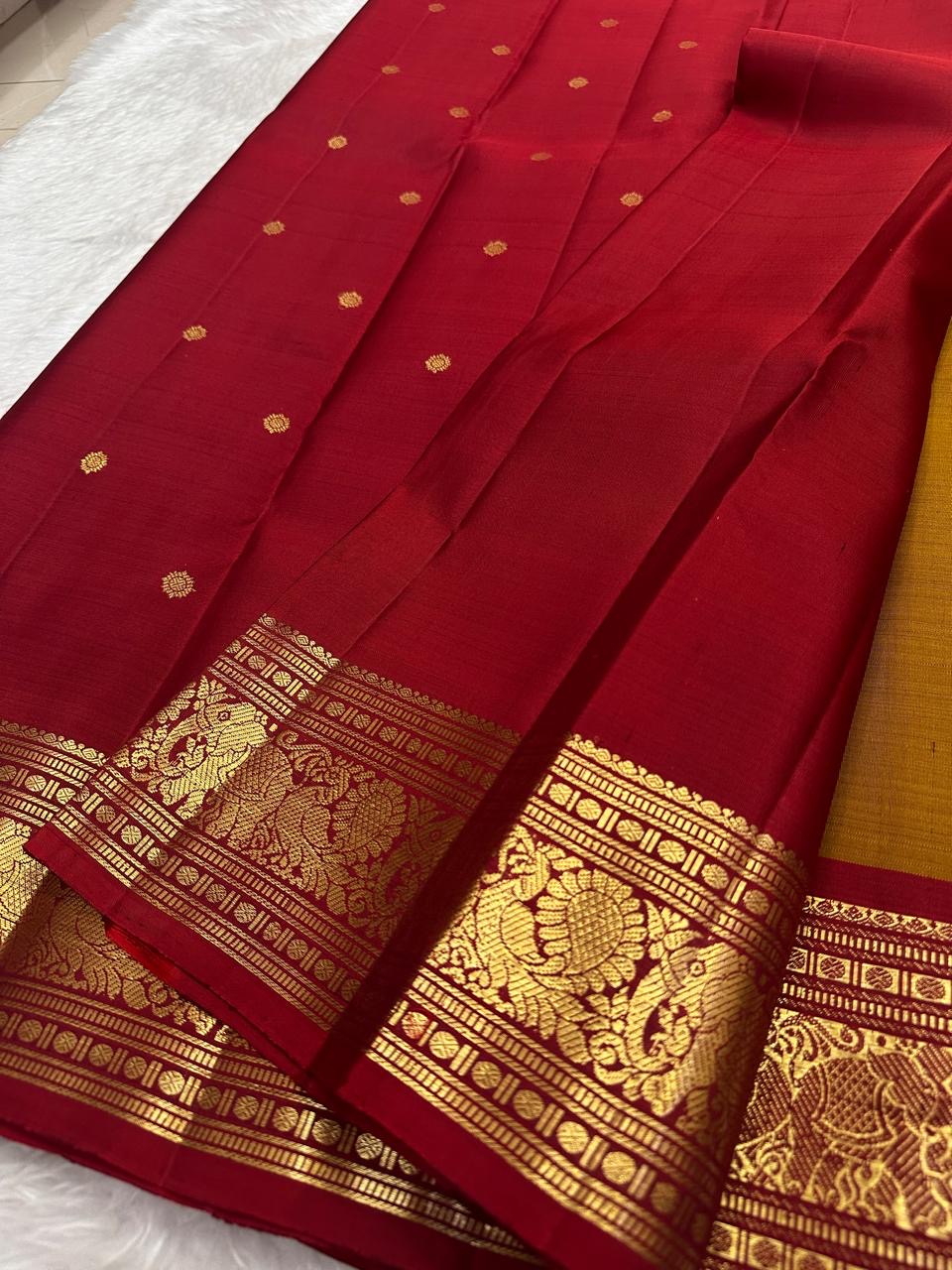 Kanchipattu silk saree in korvai with earthy mustard yellow border weave traditional zari detail