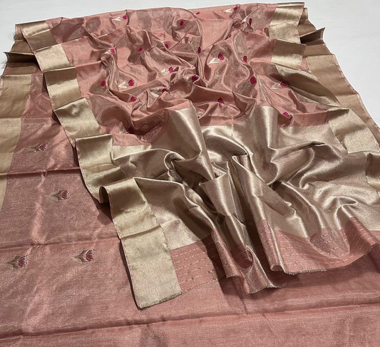 Blush Gold Pure Silk Chanderi Saree folded view with Antique Gold Border