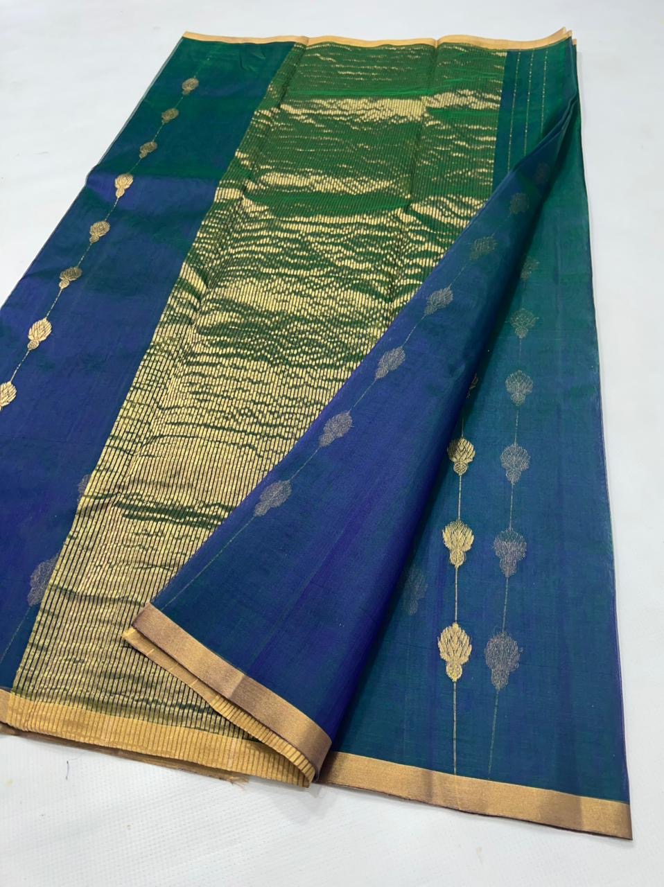Pure Chanderi silk saree in peacock green blue with delicate translucent sheen