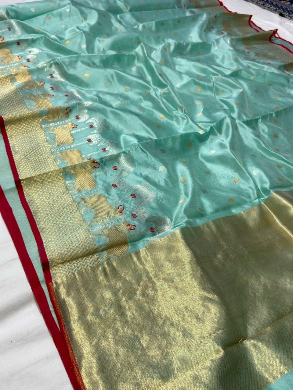 Seafoam blue Sonaroopa Chanderi handloom saree with fine zari detail