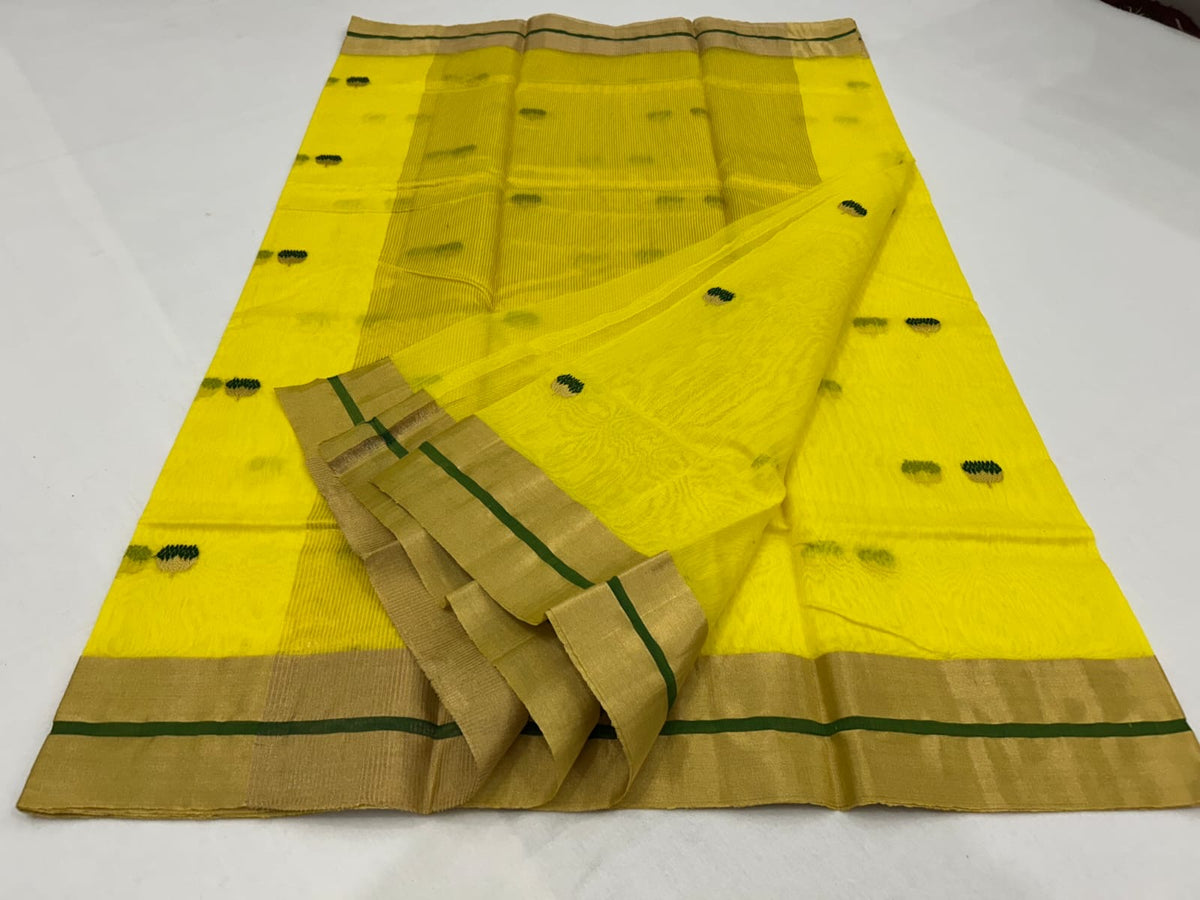 Sunshine Yellow Green-Edged Mercerized Silk Chanderi Saree, front and border view
