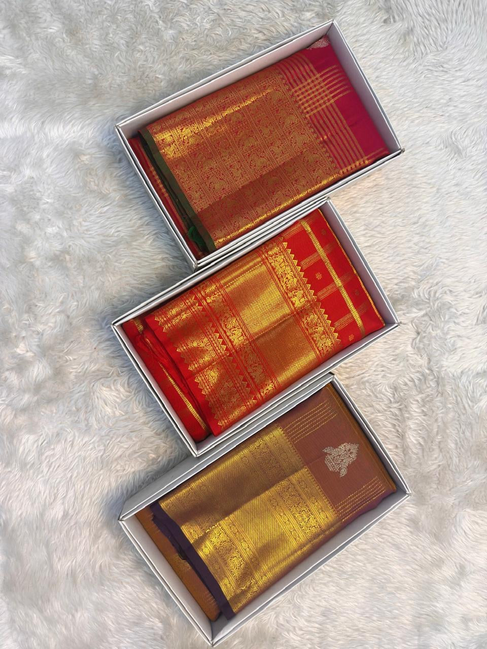 Vermilion Red Gold Checks pure silk Kanchipuram saree, border zari, showing brilliant kumkum red, warm vermilion orange highlights and glowing yellow-gold zari
