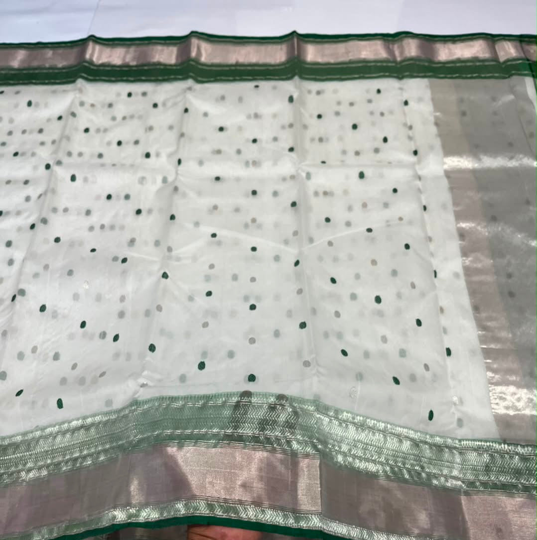 Elegant warm ivory Katan Silk Chanderi saree