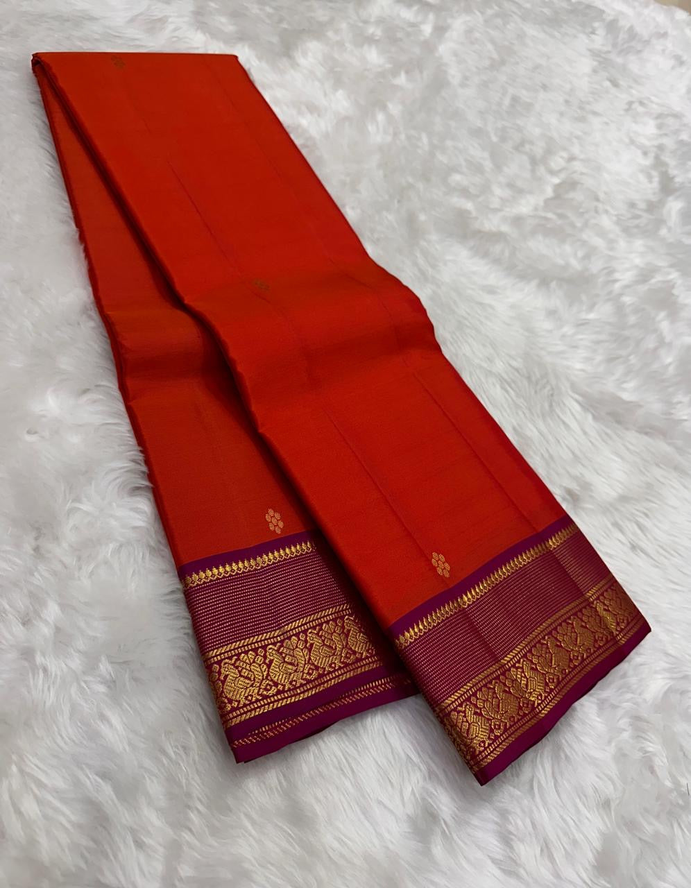 Marigold Orange and Temple Purple Handwoven Lightweight Pure Silk Kanchi Pattu Saree: view 1