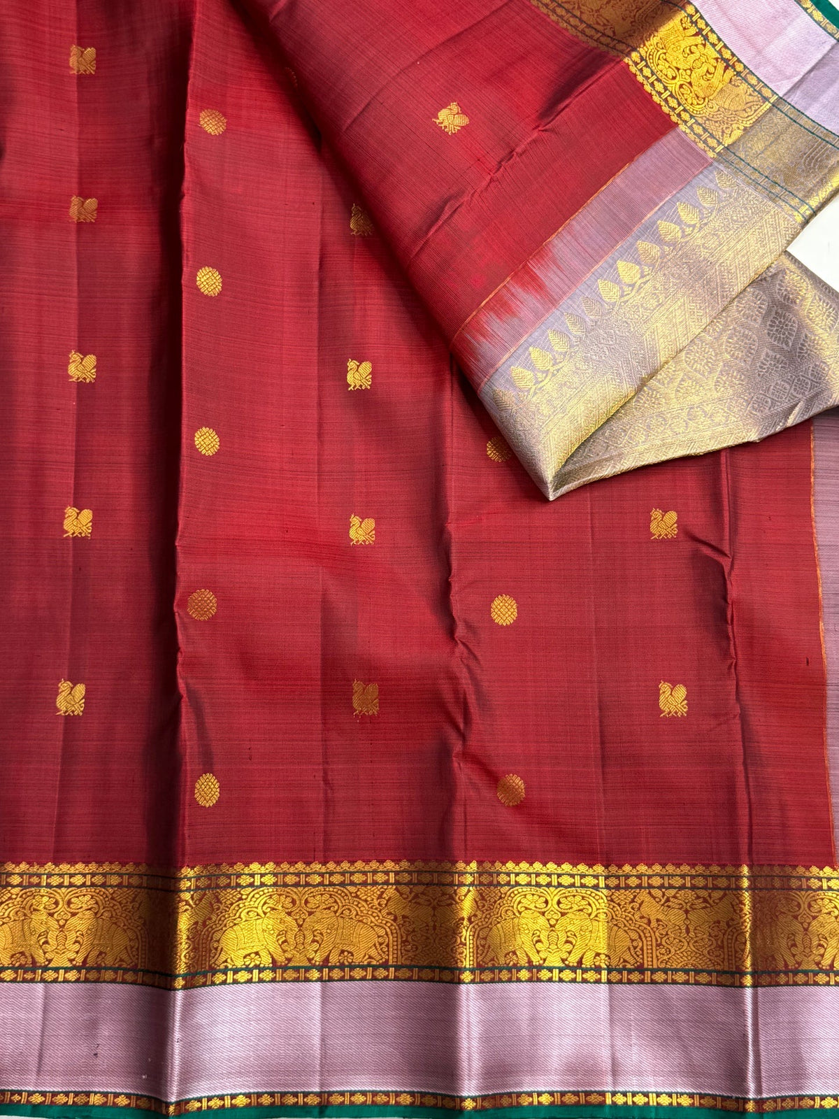 Deep Arakku red butta pure silk Kanjipuram saree with elephant zari and mauve border – view 8