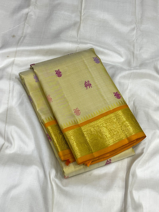 Elephant procession pallu on a Warm Ivory Kanjipuram silk saree - Idam Living
