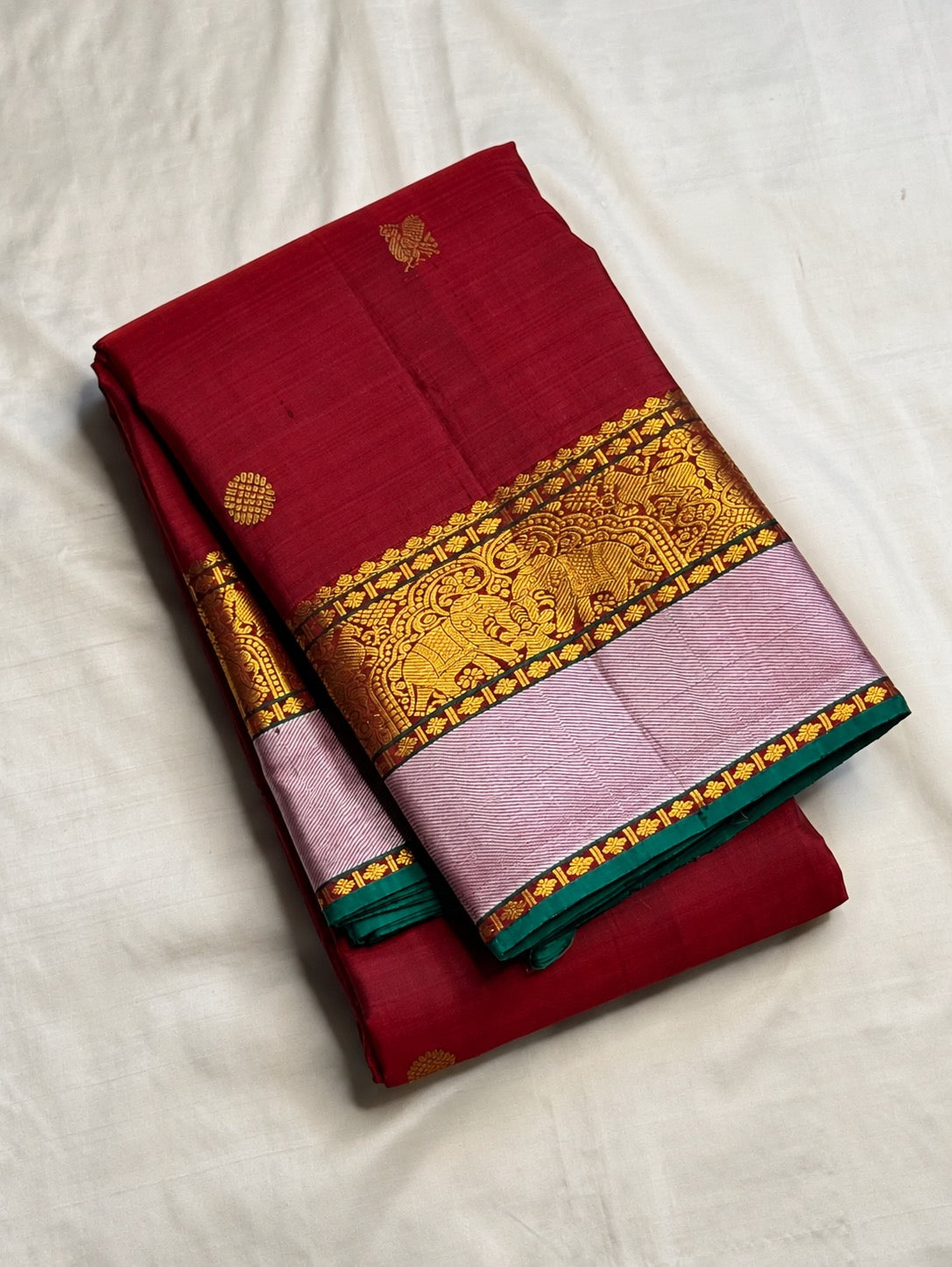 Deep Arakku red butta pure silk Kanjipuram saree with elephant zari and mauve border – view 5