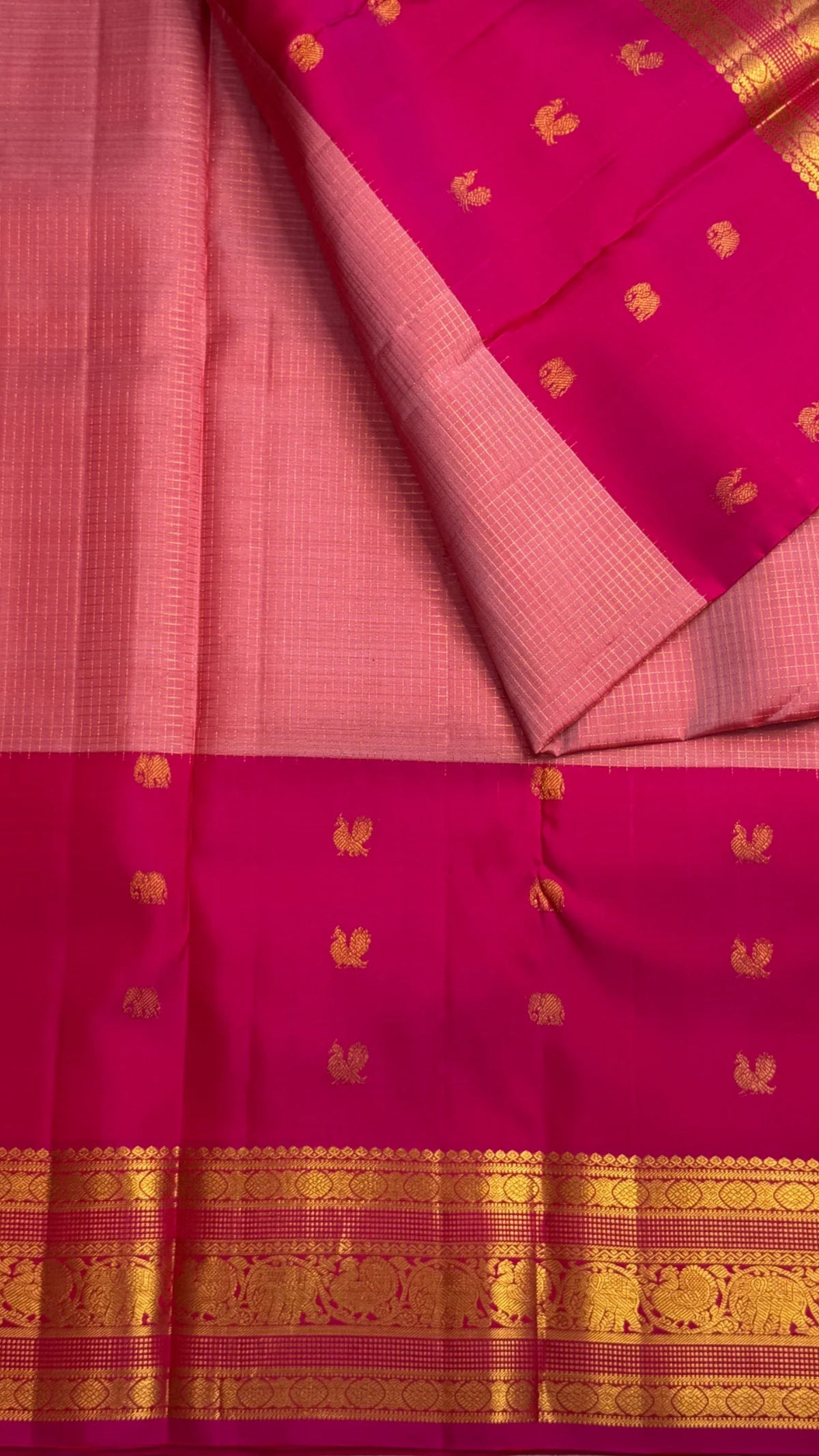 Lotus rose and rani pink butta pure silk Kanjeevaram saree with gold elephant border – view 1