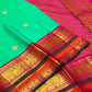 Emerald Aqua Green Shot-Colour Handwoven Pure Silk Kanchi Pattu Korvai Saree with Gold Zari Buttas and Raspberry Pink Pallu