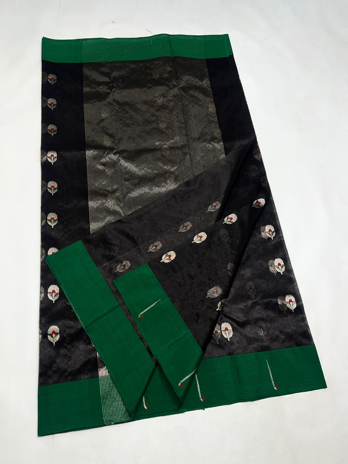 Black Chanderi saree with broad emerald green border