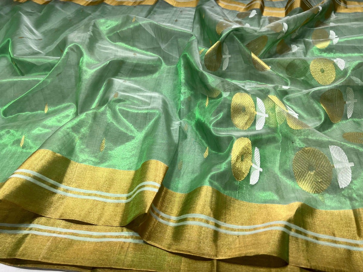 Luminous jade green handwoven Chanderi tissue silk