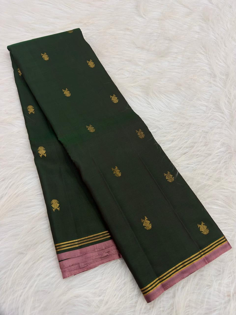 Emerald Green handwoven pure silk Kanjeevaram Butta saree — full front view — Idam Living