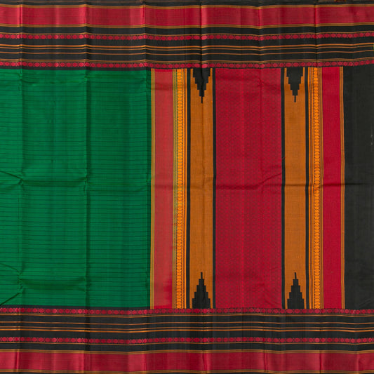 Crimson orange and black vertical panels on multi-colour pattupet border of emerald green Kanchipuram saree — Idam Living