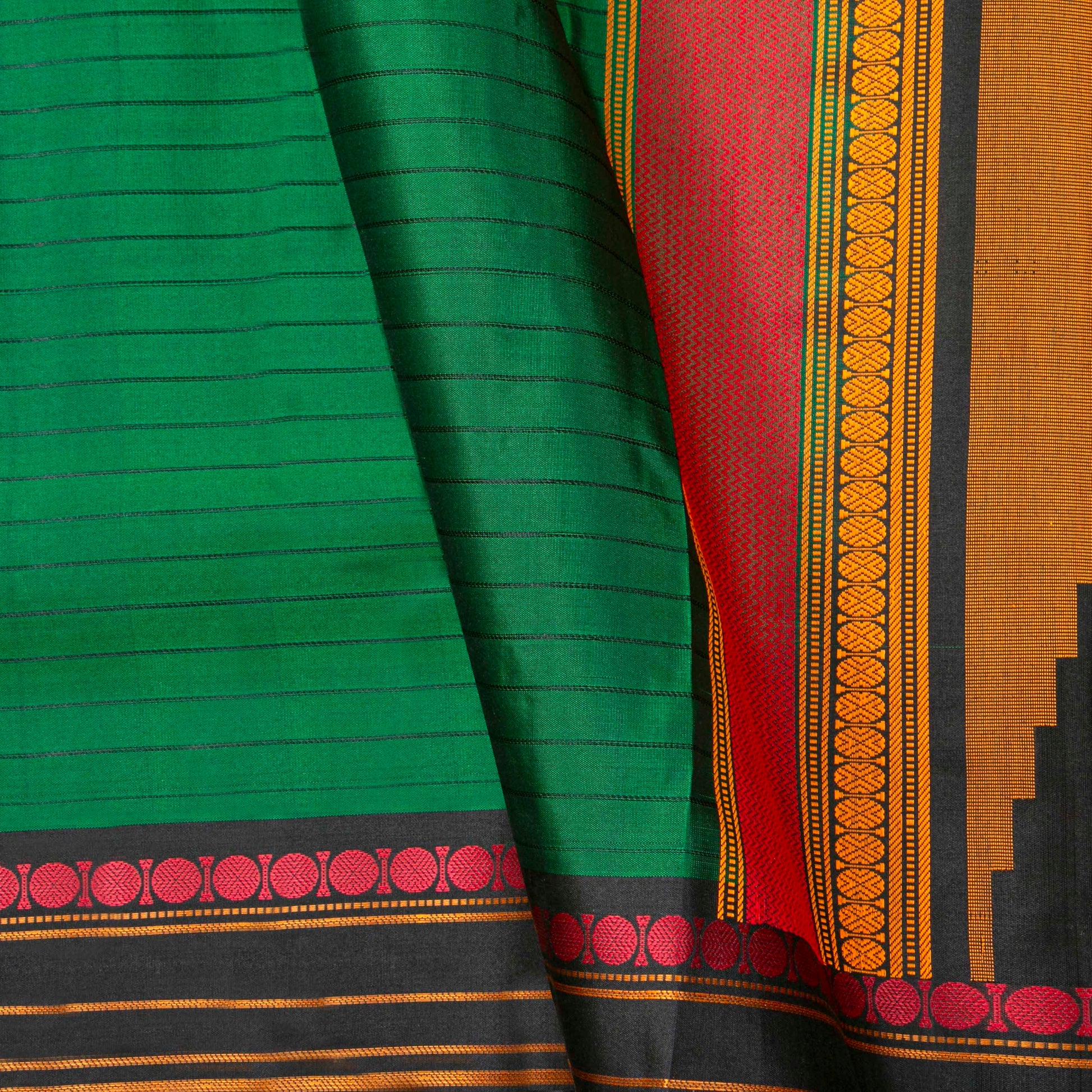 Rich multi-colour pattupet pallu on emerald green Kanjeevaram pure silk saree — Idam Living