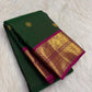 Emerald Green Handwoven Pure Silk Kanjeevaram Saree with Raspberry Pink Mayil Korvai Border