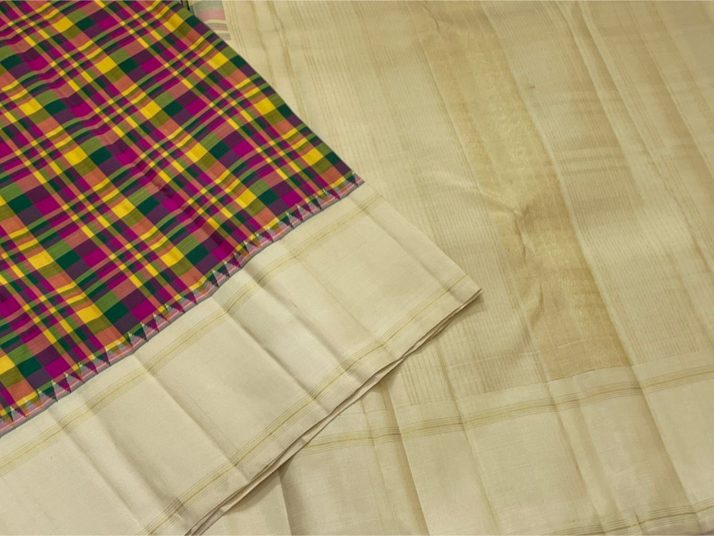 Emerald green magenta and turmeric yellow checked Kanchipattu silk saree with ivory zari border Idam Living