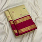 Butter Cream Ivory Handwoven Pure Silk Kancheepuram Rettapet Saree with Raspberry Magenta Zari Border