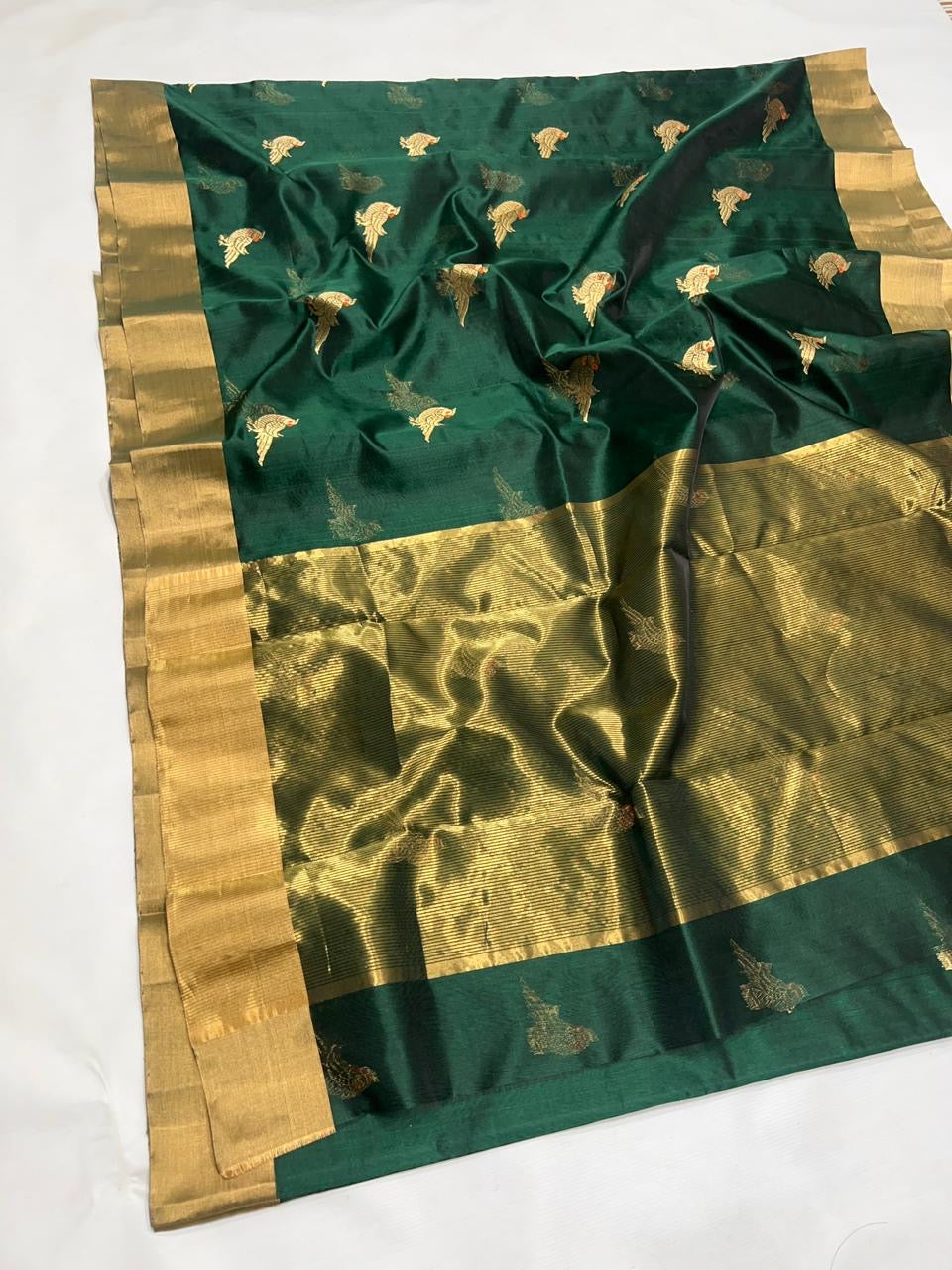 Peacock green Chanderi pattu silk saree featuring intricate traditional zari detailing and rich woven texture