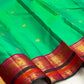 Emerald Aqua Green Shot-Colour Handwoven Pure Silk Kanchi Pattu Korvai Saree with Gold Zari Buttas and Raspberry Pink Pallu