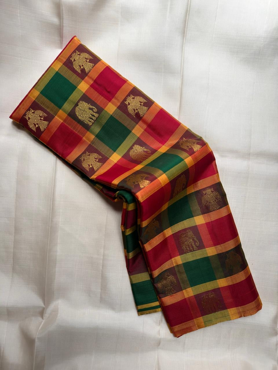 Emerald Green Raspberry Pink and Deep Brown Pure Silk Kanchipuram Kanchi Kattam saree