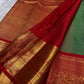 Handwoven green and red Kanjivaram saree with broad antique gold zari border