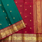 Emerald Teal Green Handwoven Pure Silk Kanchi Pattu Saree with Round Zari Buttas and Raspberry Red Pallu
