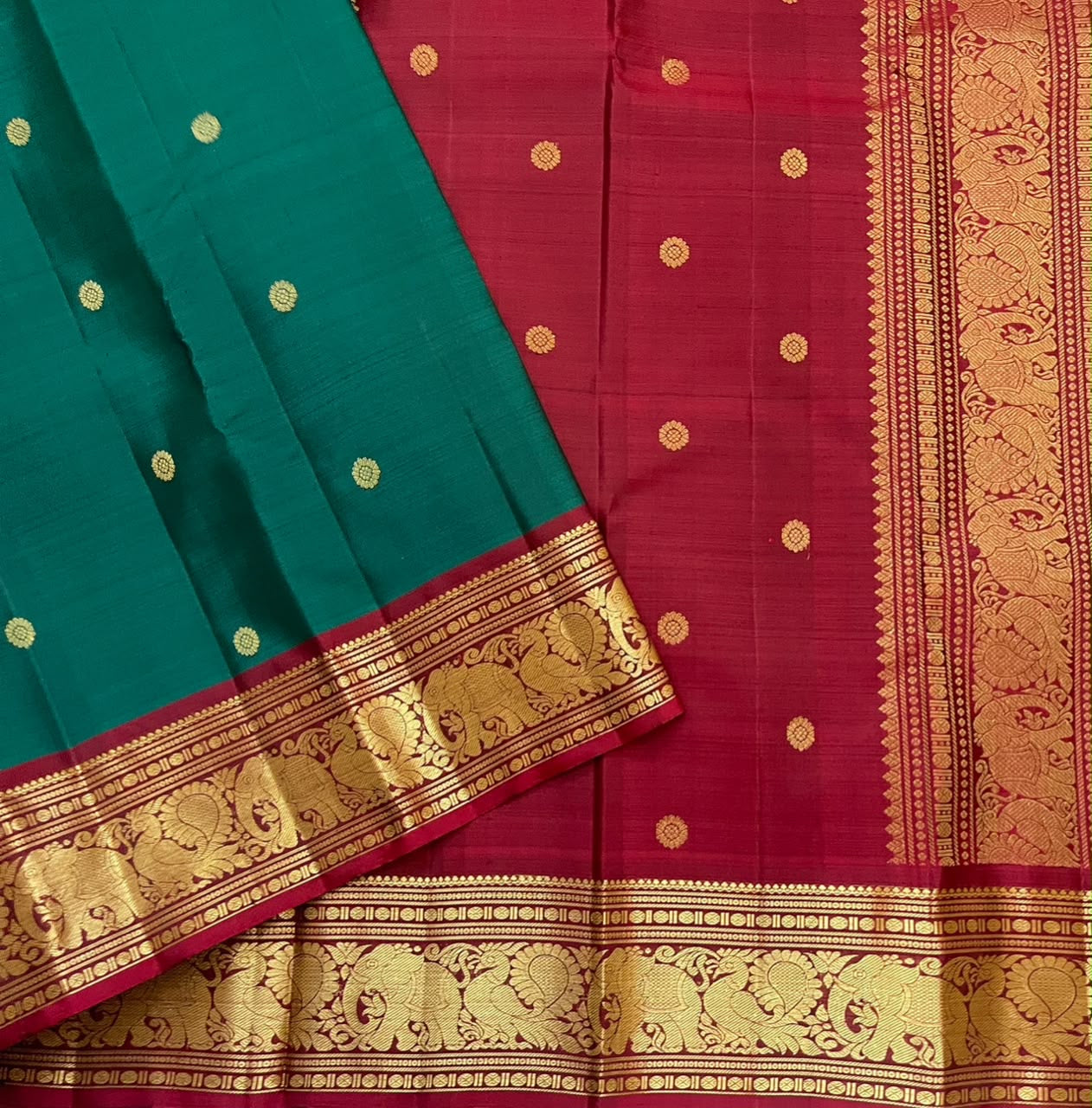 Emerald Teal Green Handwoven Pure Silk Kanchi Pattu Saree with Round Zari Buttas and Raspberry Red Pallu