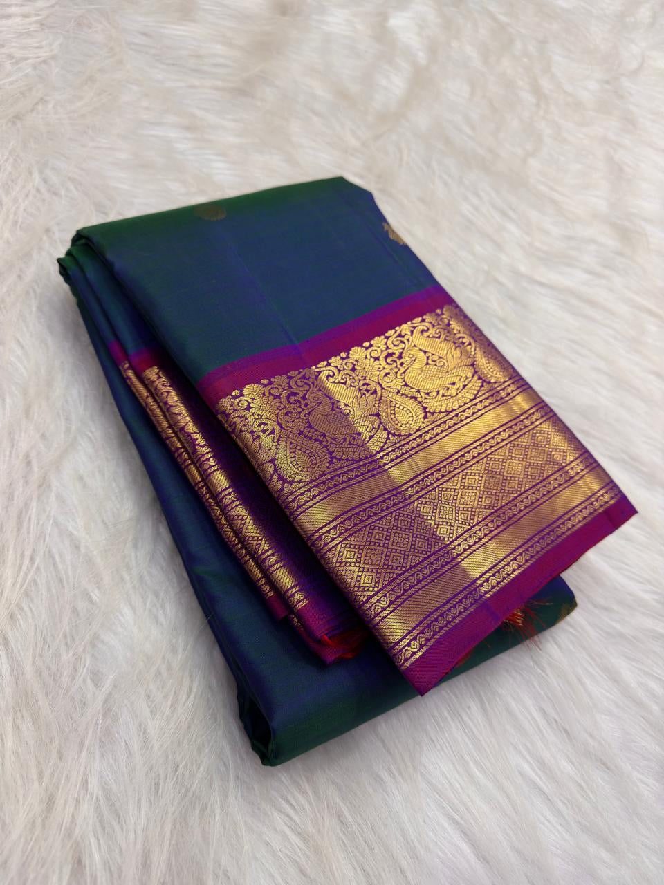 Peacock Blue Emerald Shot Silk Handwoven Pure Silk Kanchipuram Saree with Mayil Zari Border
