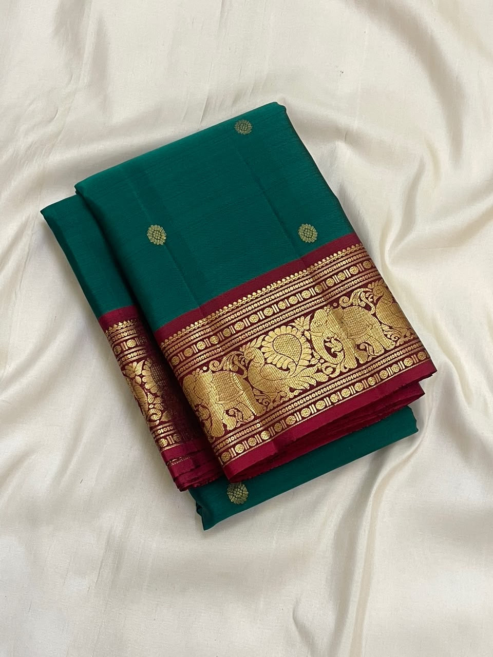 Emerald Teal Green Handwoven Pure Silk Kanchi Pattu Saree with Round Zari Buttas and Raspberry Red Pallu