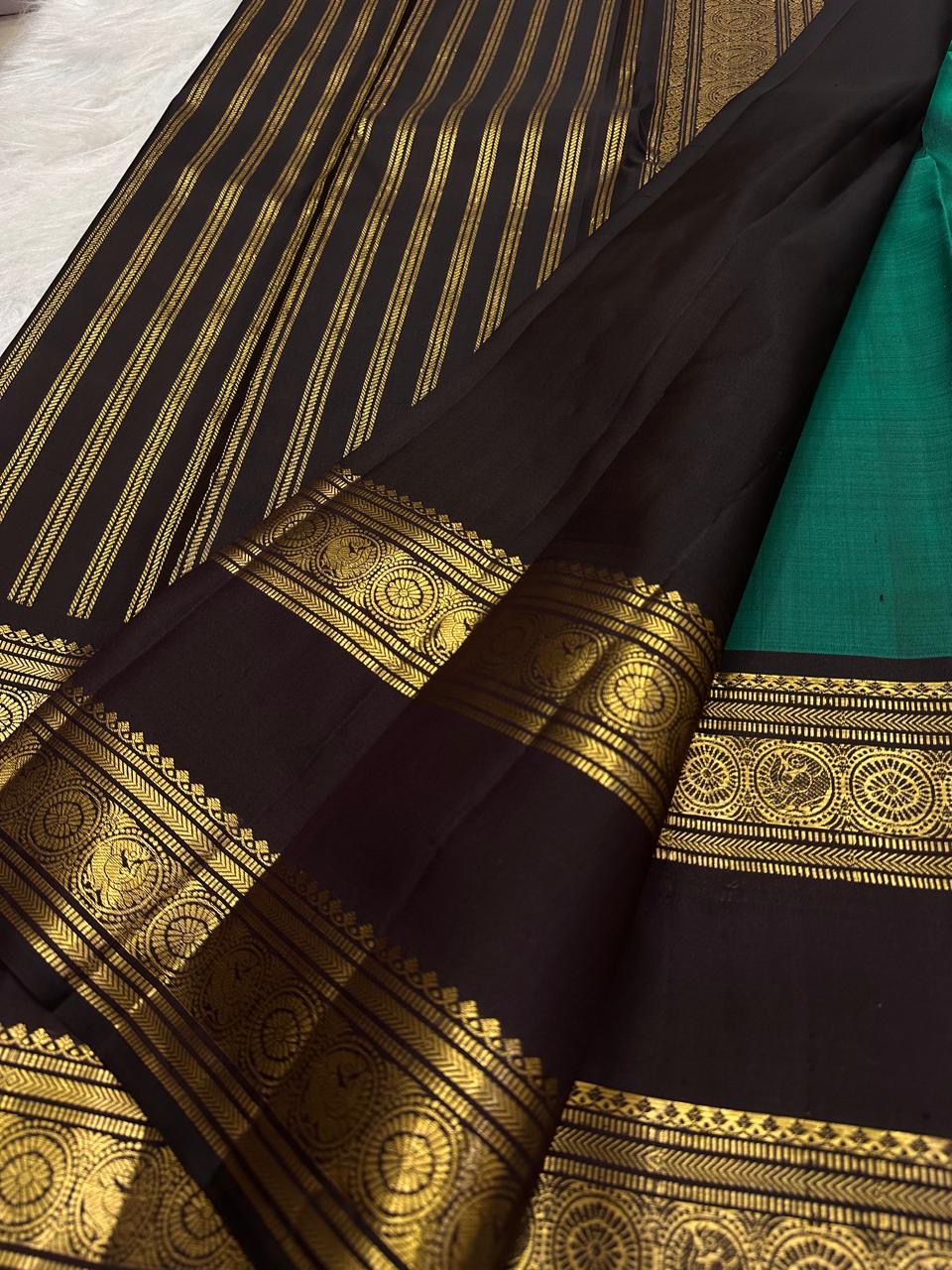 Espresso brown Rettapet border with zari peacock and kamalam motifs, Kanjipuram saree