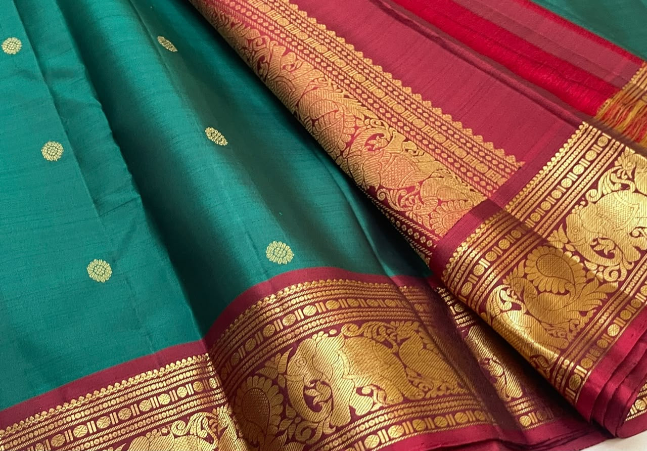 Emerald Teal Green Handwoven Pure Silk Kanchi Pattu Saree with Round Zari Buttas and Raspberry Red Pallu