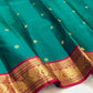Emerald Teal Green Handwoven Pure Silk Kanchi Pattu Saree with Round Zari Buttas and Raspberry Red Pallu