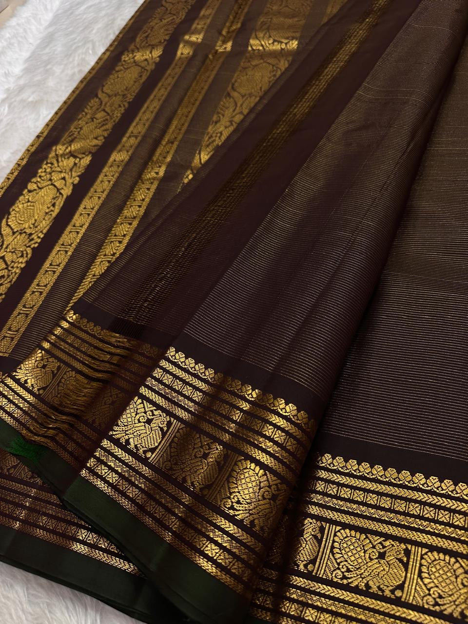Espresso brown handwoven pure silk Kanchipuram saree from Idam Living