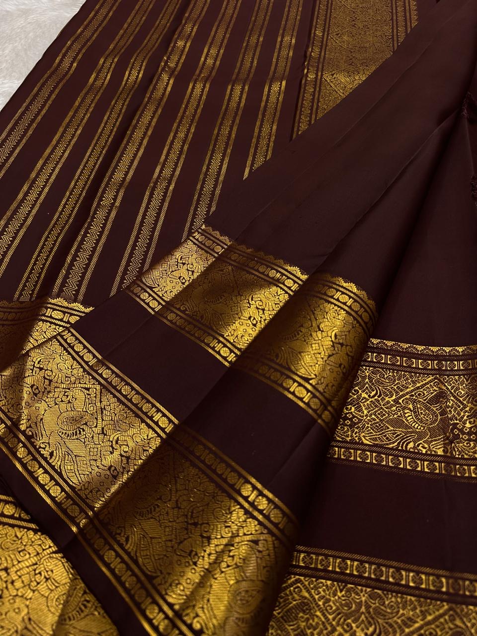 Espresso Brown and Antique Gold Handwoven Pure Silk Kanjivaram Saree with Rettapet Border and Mayil Chakram Butta