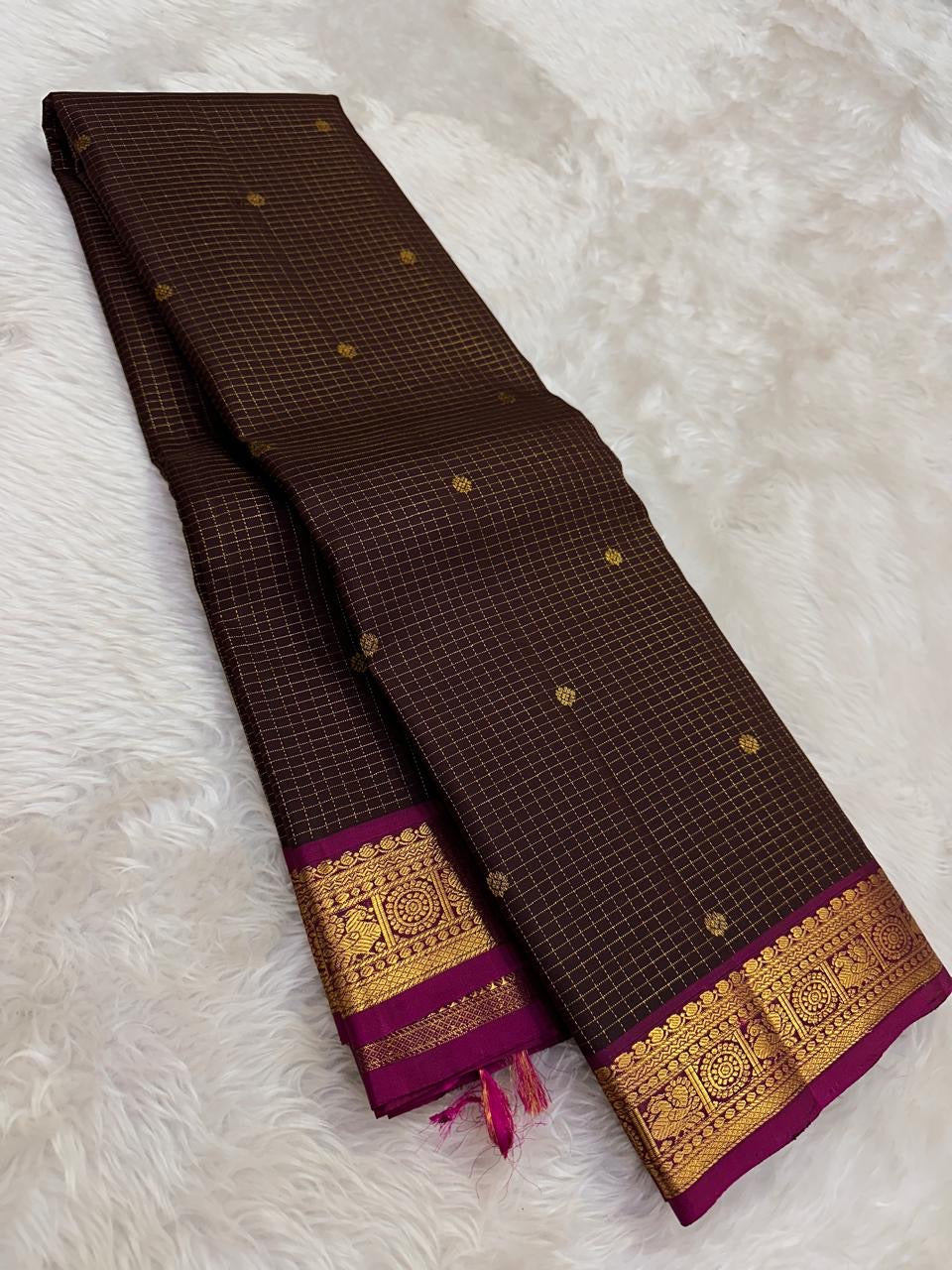 Espresso Brown Pure Silk Kanchipuram Zari Kattam saree with Rani Pink border