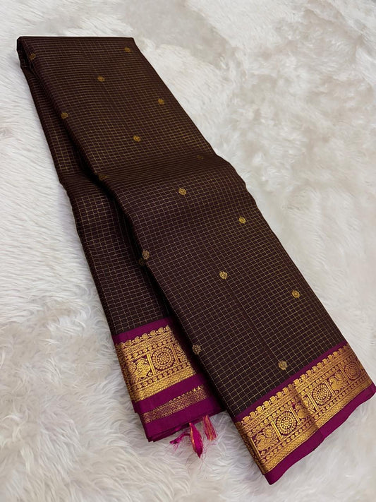 Espresso Brown Pure Silk Kanchipuram Zari Kattam saree with Rani Pink border