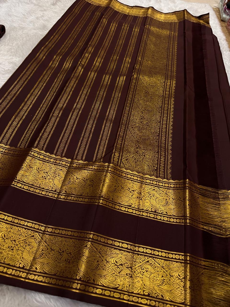 Espresso Brown and Antique Gold Handwoven Pure Silk Kanjivaram Saree with Rettapet Border and Mayil Chakram Butta