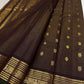 Deep espresso brown lightweight pure silk Kanchipuram saree with antique gold zari buttas