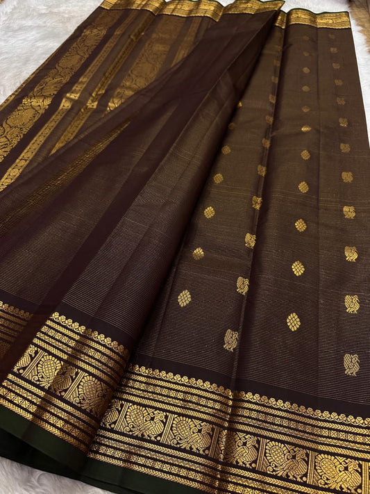 Deep espresso brown lightweight pure silk Kanchipuram saree with antique gold zari buttas