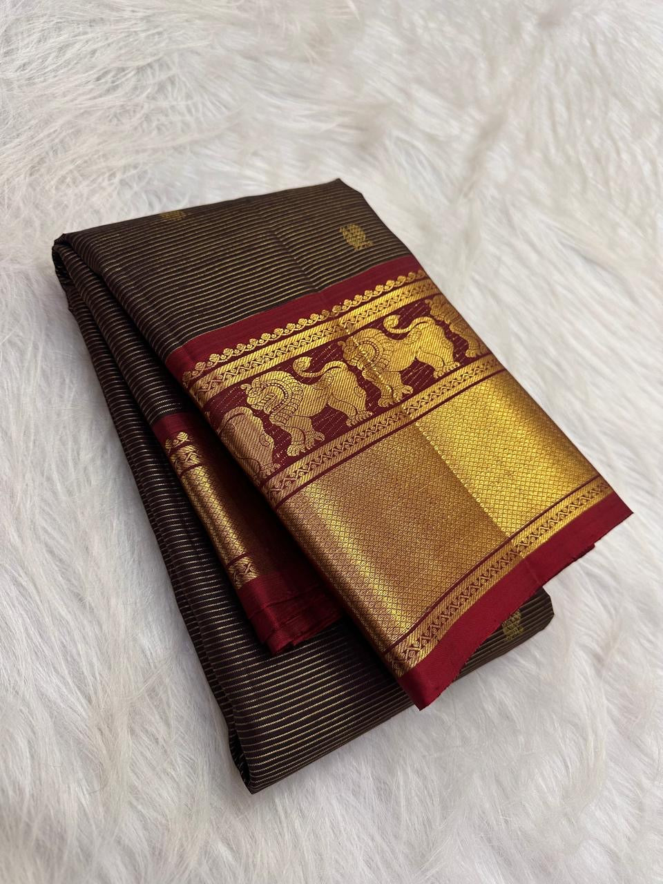 Espresso brown handwoven Kanchipuram silk saree with fine Vairaoosi lines