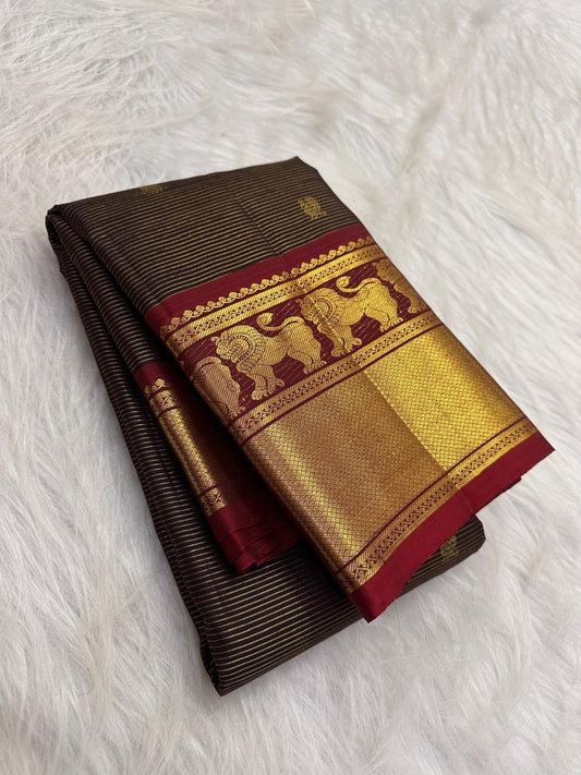 Espresso brown handwoven Kanchipuram silk saree with fine Vairaoosi lines