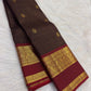 Deep Espresso Brown Handwoven Pure Silk Kanjivaram Saree with Zari Kattam and Burgundy Gold Zari Border