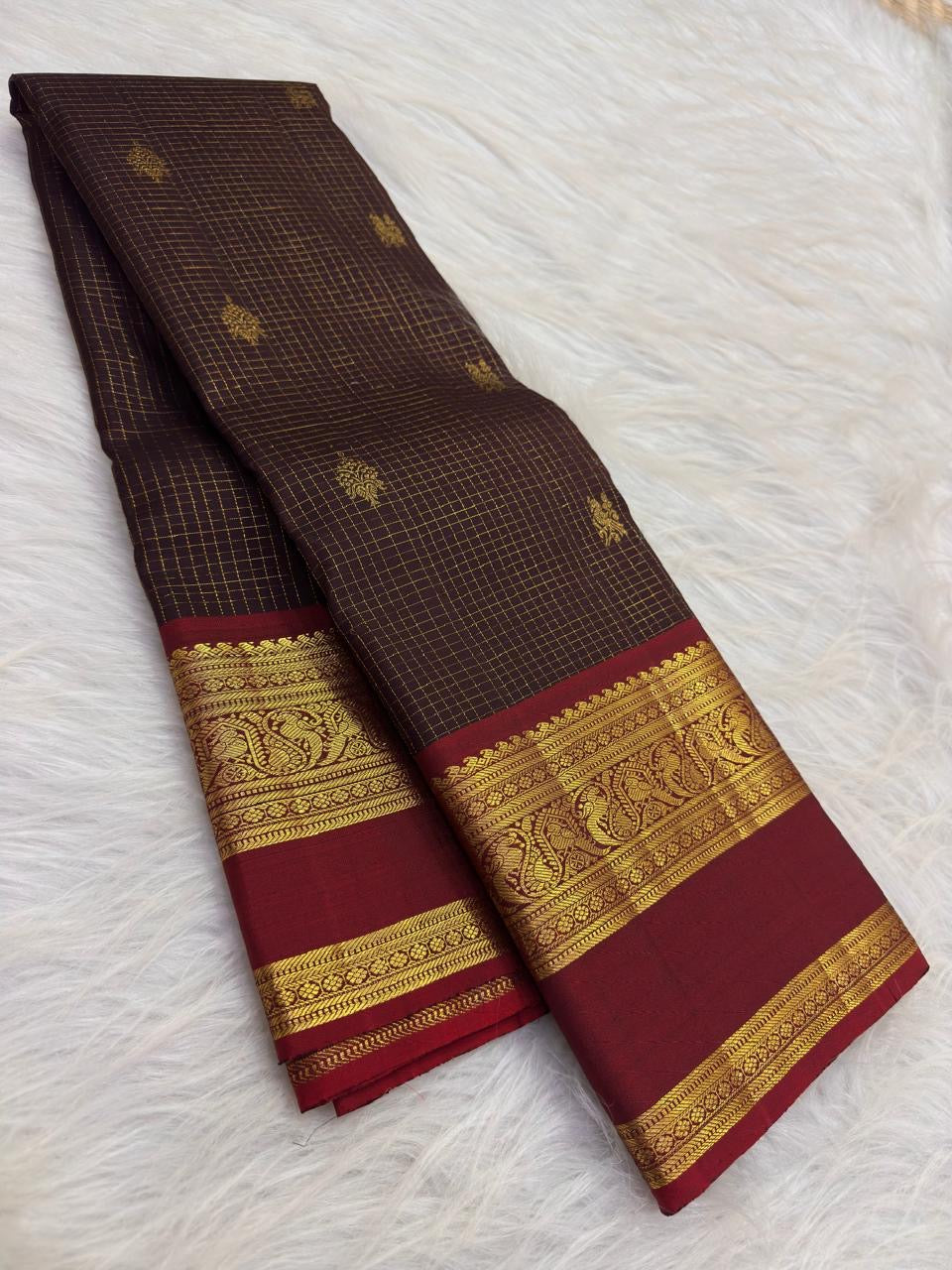 Deep Espresso Brown Handwoven Pure Silk Kanjivaram Saree with Zari Kattam and Burgundy Gold Zari Border
