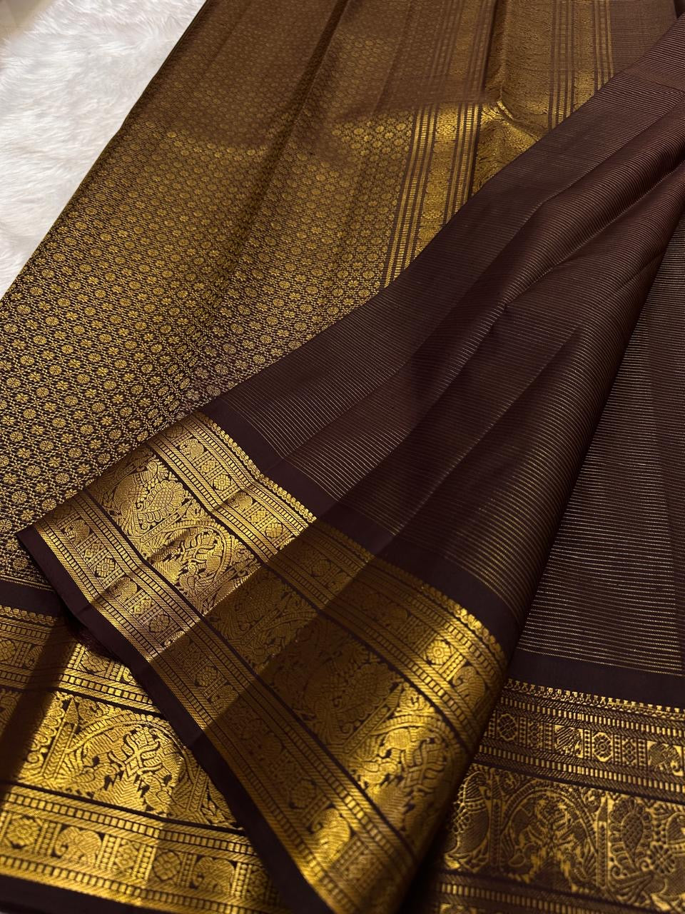 Deep Espresso Brown pure silk Kancheepuram saree — zari lines detail