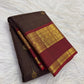 Deep Espresso Brown Handwoven Pure Silk Kanjivaram Saree with Zari Kattam and Burgundy Gold Zari Border