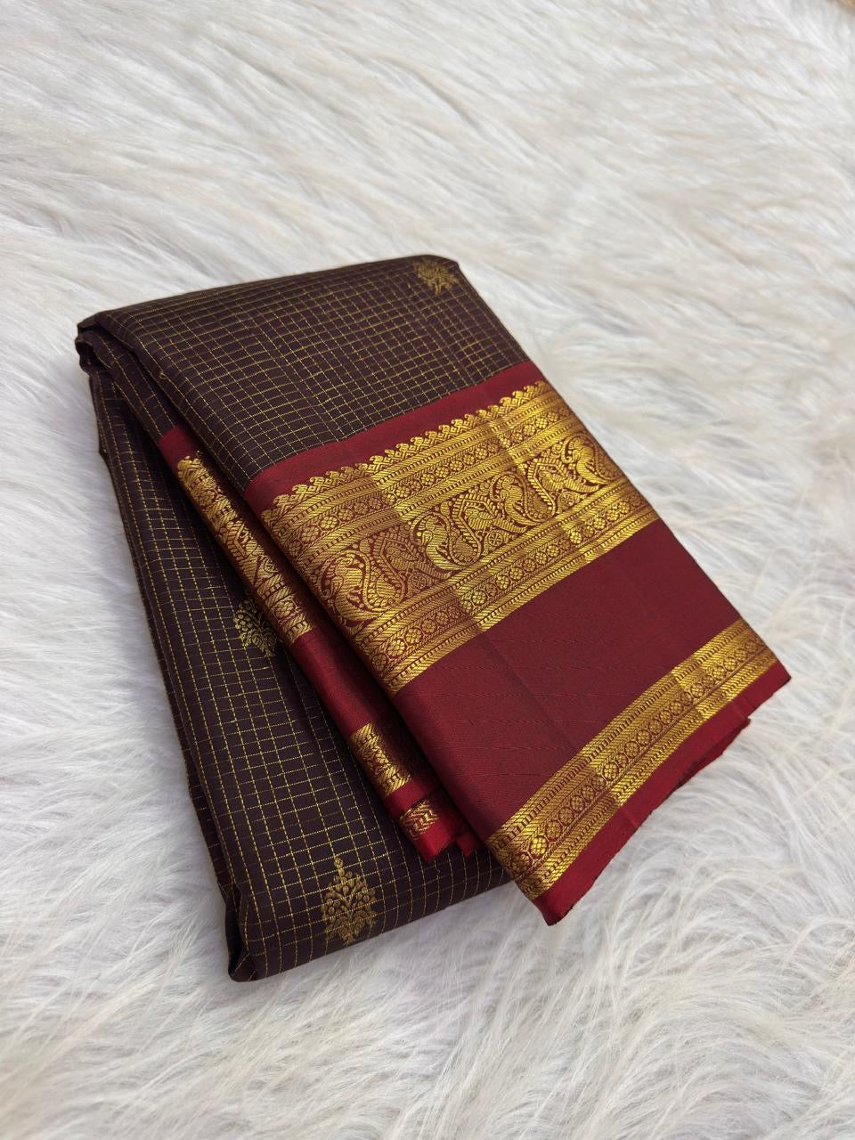 Deep Espresso Brown Handwoven Pure Silk Kanjivaram Saree with Zari Kattam and Burgundy Gold Zari Border