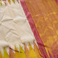 Venpattu Ivory Pure Silk Kanchipuram Ettukol Saree with Multicolour Temple Border
