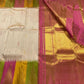 Cream White Handwoven Pure Silk Kancheepuram Ettukol Saree with Multicolour Korvai Temple Border