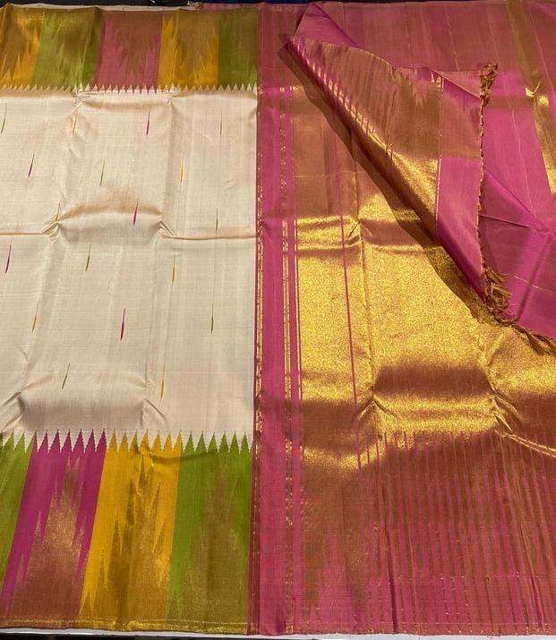 Cream White Handwoven Pure Silk Kancheepuram Ettukol Saree with Multicolour Korvai Temple Border