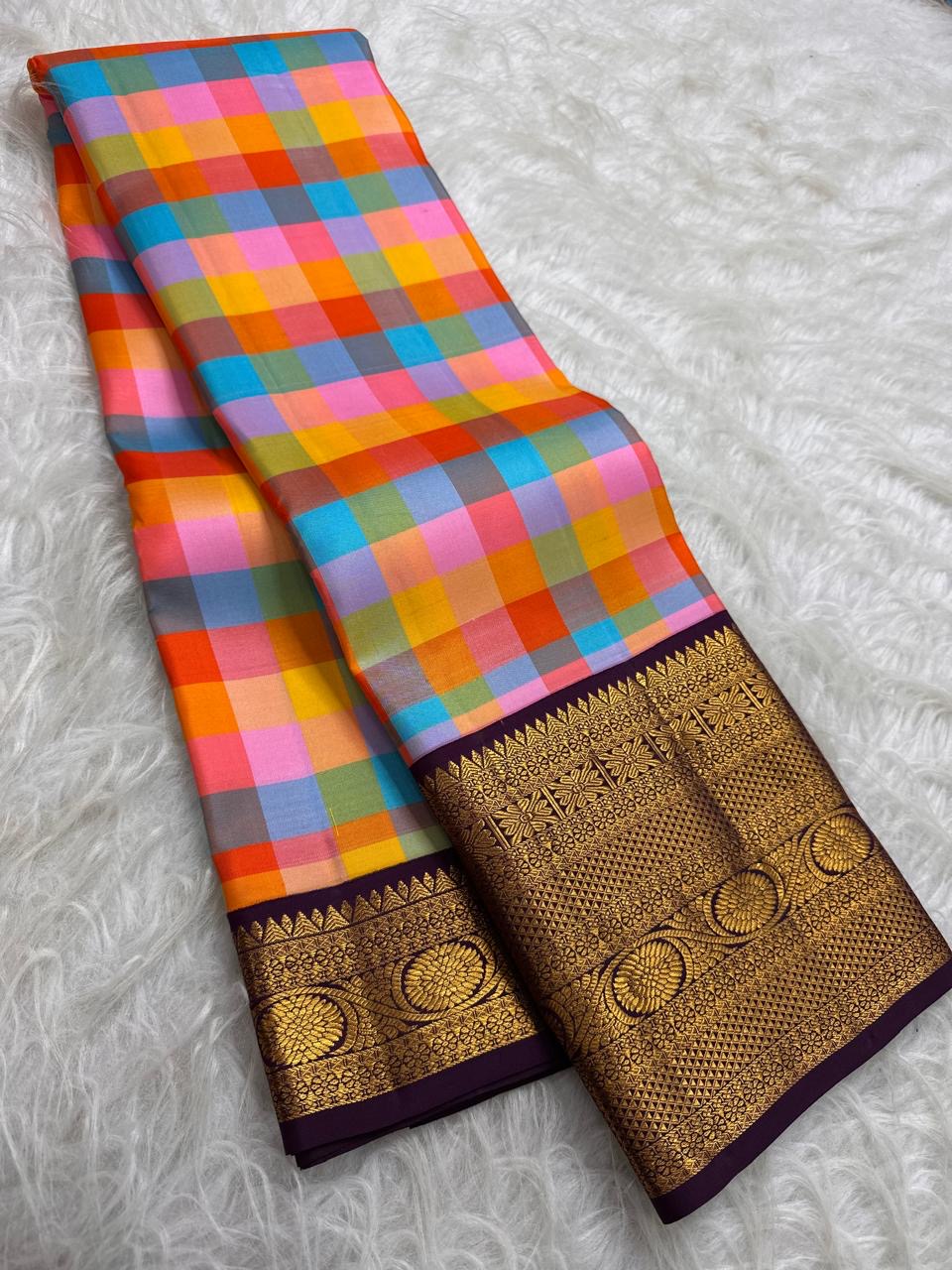 Vibrant orange sky-blue multicolour Kanjipuram Kattam saree | Kanjipuram pure silk saree.